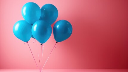 Blue balloons are drifting in a studio with a soft pink pastel background,