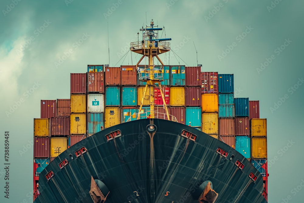 Poster ship with a black color and a vessel shape and a container overlay on the deck