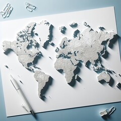 world map with pen and paperclips, on a neat and orderly Desk. show creativity and love of geography. map artist.