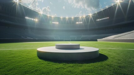 In the middle of a stadium sits a podium, encircled by empty seats and flashes of light - obrazy, fototapety, plakaty