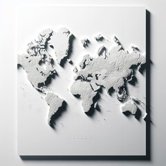 white world map on the wall mounted in a frame. showing minimalism and love of geography. map artist.