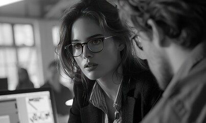 Intense businesswoman in glasses during a discussion in black and white.