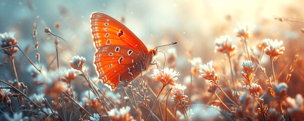 Close-up of a butterfly on a flower in a meadow in sunny weather - obrazy, fototapety, plakaty