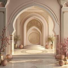 3d render of marble floor in the room with arches and flowers