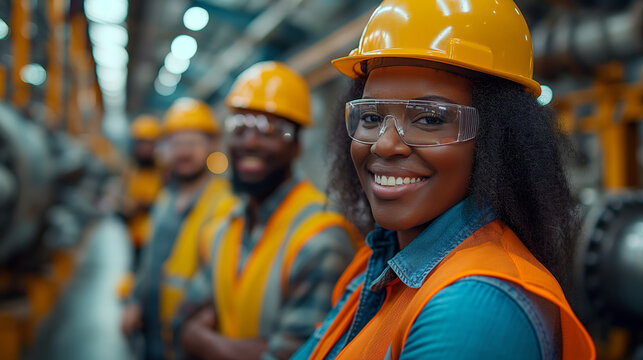 Group of smiling and excited industrial workers