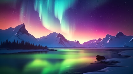 Fototapeta na wymiar Northern Lights, Aurora Borealis, Snowy Mountains at Night