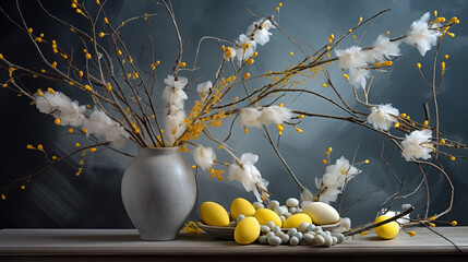 Ciemne tło na życzenia Wielkanocne. Alleluja - Wesołych świąt Wielkiej Nocy. Jajka, kwiaty i...