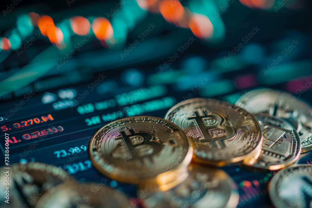 Poster close-up of a cryptocurrency exchange rate chart. the chart is dynamic and informative, and there ar