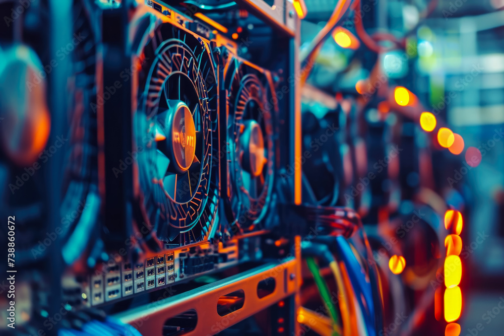 Poster close-up of a cryptocurrency mining rig in a data center. the rig is powerful and efficient, and the
