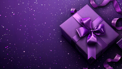 Purple gift box with a purple ribbon on a purple background with light reflections and glitter