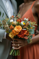 wedding hands holding a flower bouquet