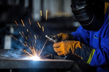 Welder,Industrial welder worker metal welding steel works using electric arc welding machine to weld steel at factory.