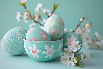 Fototapeta premium Beautiful painted Easter eggs on a pastel turquoise background. Modern Easter eggs are painted with natural mint, turquoise, pink dye.