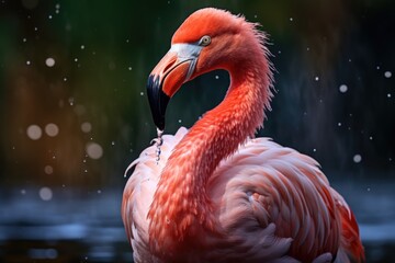 Beautiful pink flamingo walking in a pond. ai generated