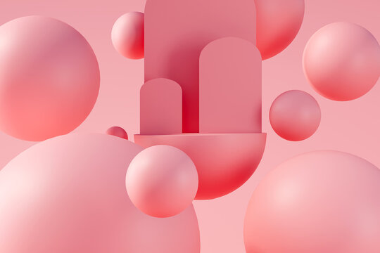 Minimal product podium stage with pink balloons in geometric shape for presentation background. 3D illustration rendering