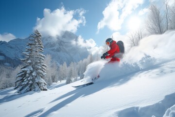 Naklejka na ściany i meble Snowboarder rides on a snowy mountain slope