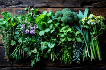 Rosemary, broccoli, parsley, arugula and flowers on a wooden background, top view, fresh herbs