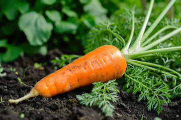 carrot with a orange color and a green top and a healthy overlay on the side