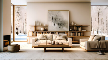 Living room confortable, spacieux et lumineux, avec décoration moderne - obrazy, fototapety, plakaty