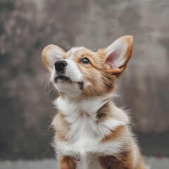 Obraz premium Curious Corgi Cutie: Adorable Puppy with Head Tilt Captivating the Camera, a Portrait of Young Dog Charm and Appeal