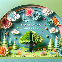 Enchanting Eid Mubarak Paper Art Garden Scene with Moonlit Waterfall.