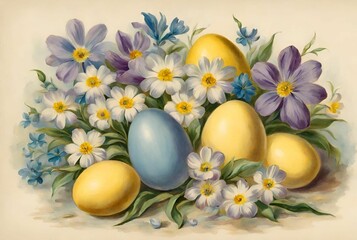 Fototapeta na wymiar Vintage Easter eggs and spring flowers illustration 