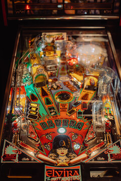 Krakow, Poland - November 17, 2023: "Elvira and the party monsters" pinball machine in an underground bar
