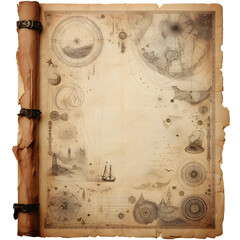 Fototapeta na wymiar map drawing on Old medieval paper sheet parchment scroll isolated on transparent background