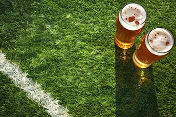 Beer Glasses on Soccer Field: World Cup Theme with Space for Text - obrazy, fototapety, plakaty