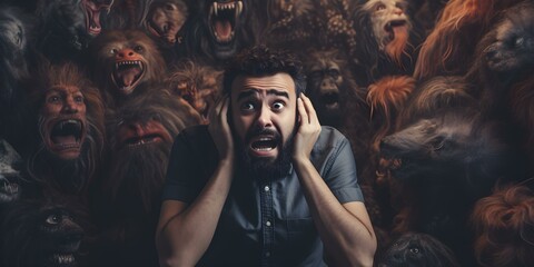 Man experiencing panic attack surrounded by monsters and frightening thoughts exploring mental health challenges. Concept Mental Health Awareness, Panic Attack, Monsters, Frightening Thoughts - obrazy, fototapety, plakaty