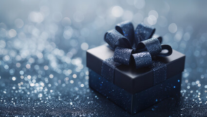 Blue Christmas gift boxes with blue ribbons on a blue background with light reflections and glitter - obrazy, fototapety, plakaty