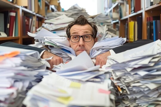 Businessman Overwhelmed with Paperwork in Office