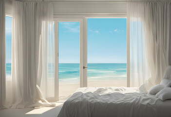 Cool ocean breeze blowing the bedroom curtains.Curtains blowing in the wind a hot summer day