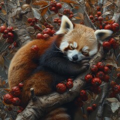 A charming image of a red panda curled up in a tree, showcasing the endearing nature of this rare and adorable species 