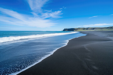 beach with black sand and a clear blue sky - Powered by Adobe