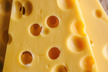 cheese with a yellow color and a hole and a professional overlay on the pull