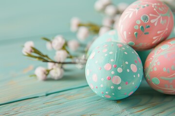 Obraz premium Beautiful painted Easter eggs on a pastel turquoise background. Modern Easter eggs are painted with natural mint, turquoise, pink dye.