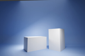 Abstract minimal three podiums on blue background and shadows of tree leaves. Pedestal for cosmetic product, 3d render