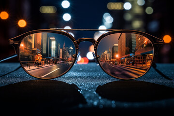 night city view reflected in sunglasses lens