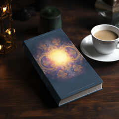 Mock-up livre, sur un bureau en bois, avec une tasse à café. posée sur une soucoupe, avec une lampe et un pot de sucre Espace négatif pour texte copyspace - obrazy, fototapety, plakaty