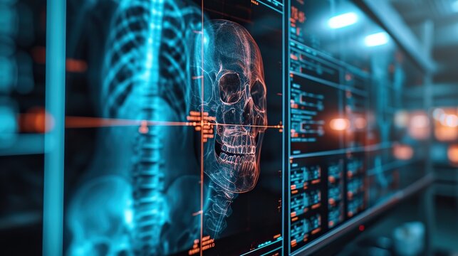 A cutting-edge medical imaging display showing 3D skeletal scans, including a detailed skull, used for advanced diagnostic purposes in a clinical setting.