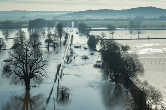 flood in a river valley, with water covering the fields and roads