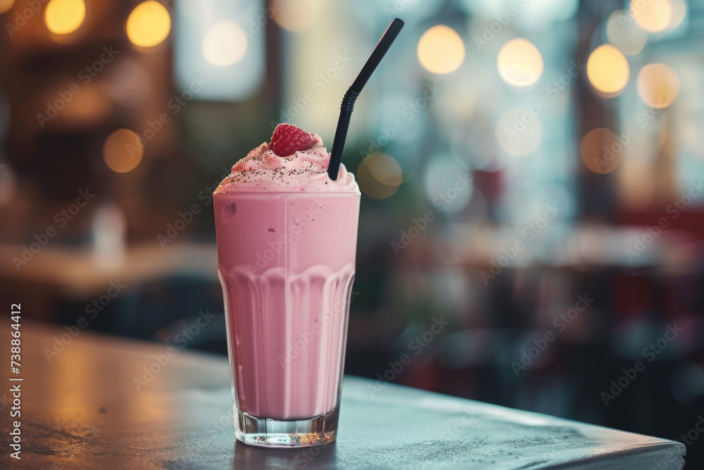 Poster milkshake with a pink color and a straw and a professional overlay on the sip