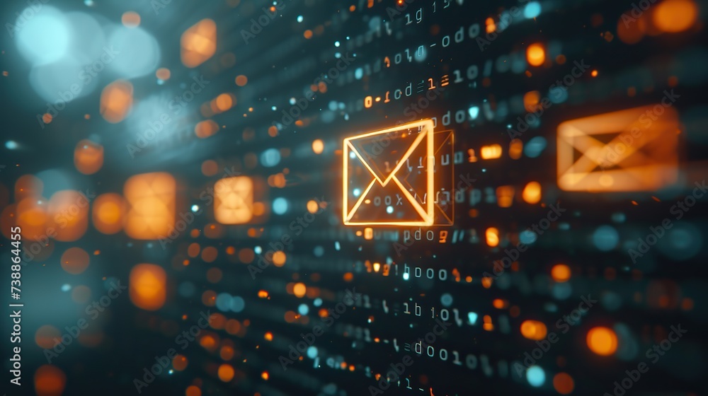 Poster a glowing email icon stands out against a backdrop of digital binary code, symbolizing online commun