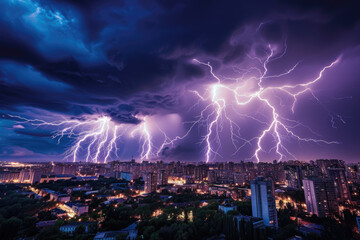 lightning storm over a city skyline, with bolts of lightning striking buildings.