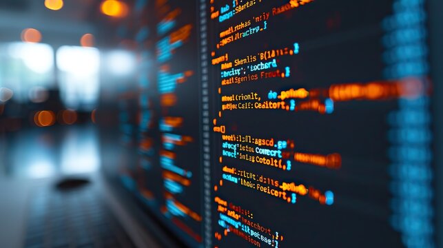 Focused on an abstract of programming code with vibrant highlights on digital screens, reflecting the complexity of software development.