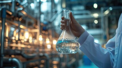 A scientist in a lab coat scrutinizes a clear liquid within a conical flask, set against an industrial laboratory background. - obrazy, fototapety, plakaty