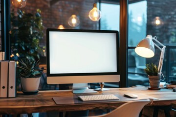 Modern Computer on Desk with Blank White Screen