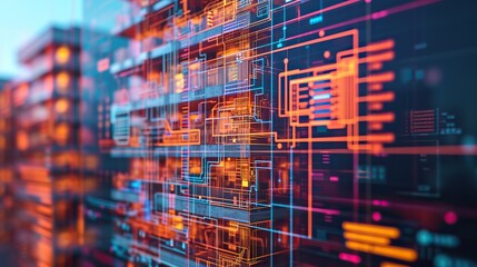 Obraz premium Abstract technological interface with intricate circuit designs, symbolizing advanced data analysis and computing.