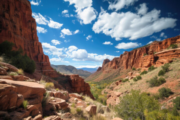 view of a canyon with red rock formations and a blue sky - Powered by Adobe